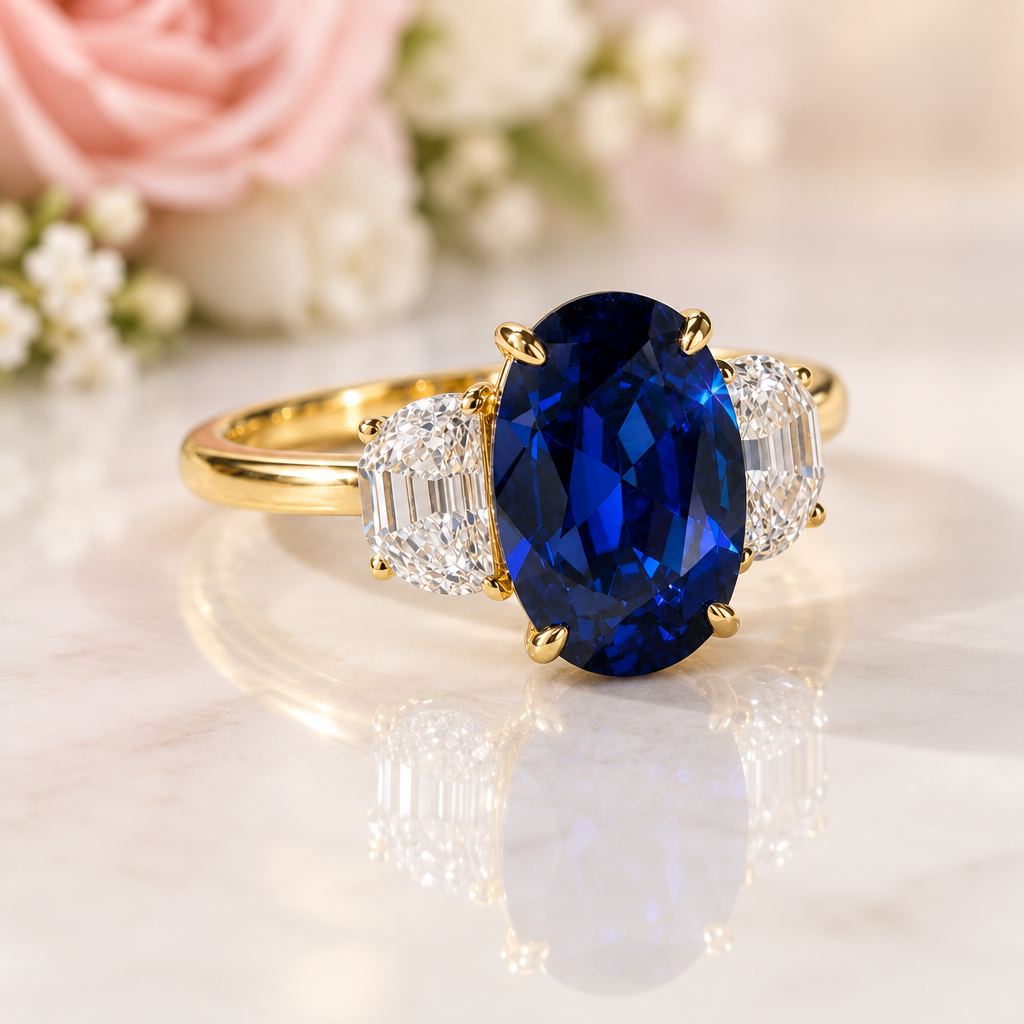 3.5ct Three Stone Blue Sapphire Oval Cut Yellow Gold Engagement Ring-Black Diamonds New York