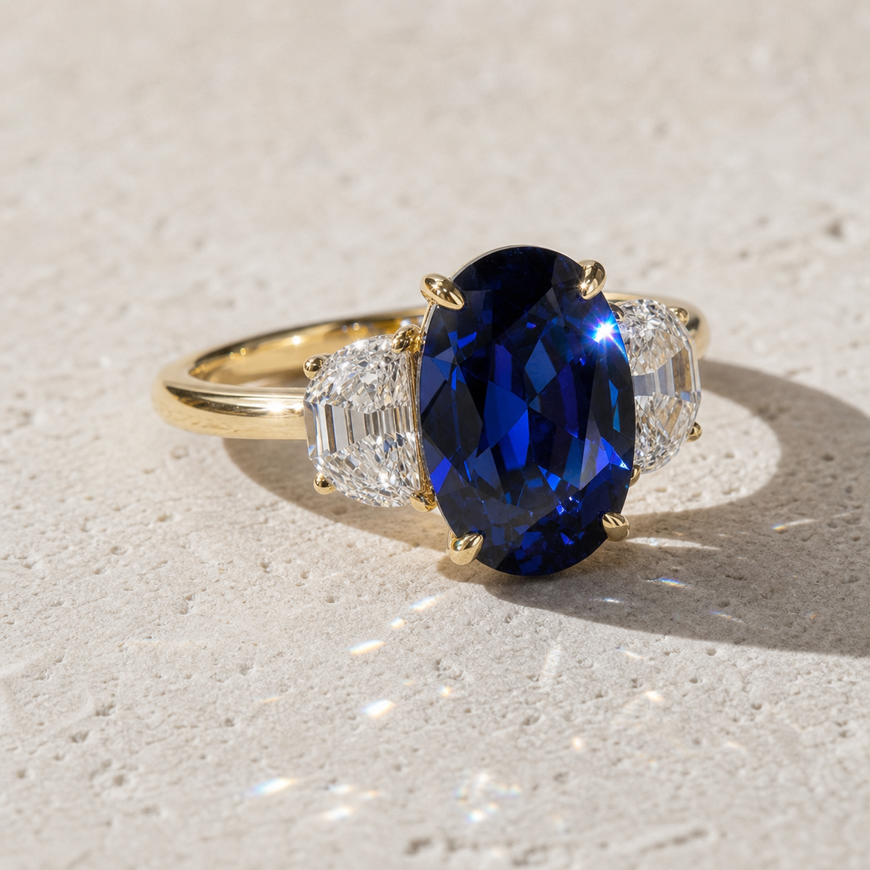 3.5ct Three Stone Blue Sapphire Oval Cut Yellow Gold Engagement Ring-Black Diamonds New York
