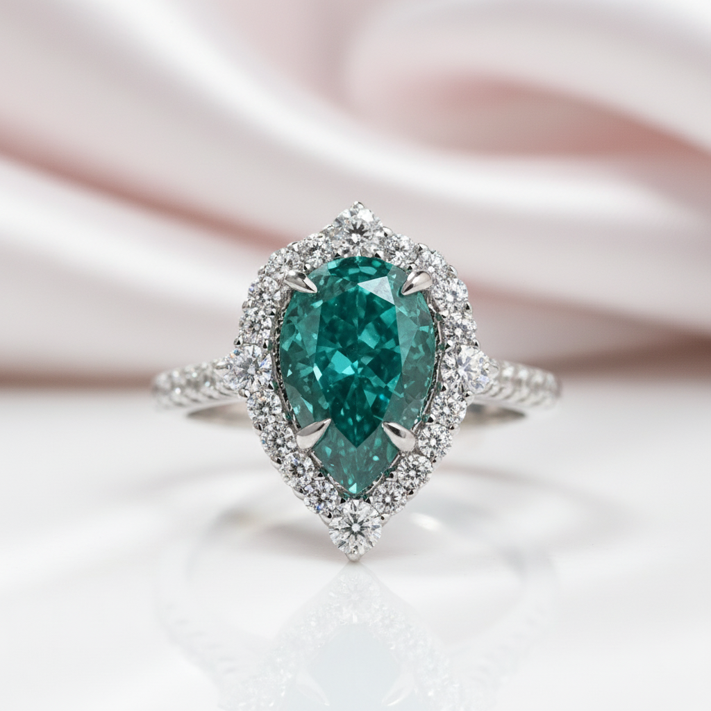 2.2 Carat Blue Green Diamond Option Halo Pear Cut Engagement Ring-Black Diamonds New York