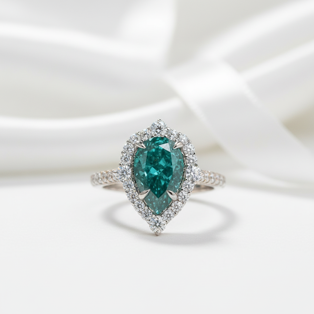 2.2 Carat Blue Green Diamond Halo Pear Cut Engagement Ring-Black Diamonds New York