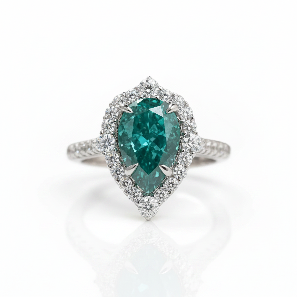 2.2 Carat Blue Green Diamond Option Halo Pear Cut Engagement Ring-Black Diamonds New York