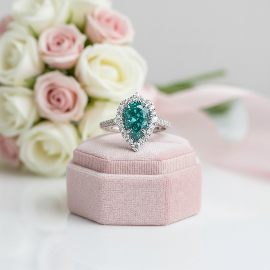 2.2 Carat Blue Green Diamond Option Halo Pear Cut Engagement Ring-Black Diamonds New York