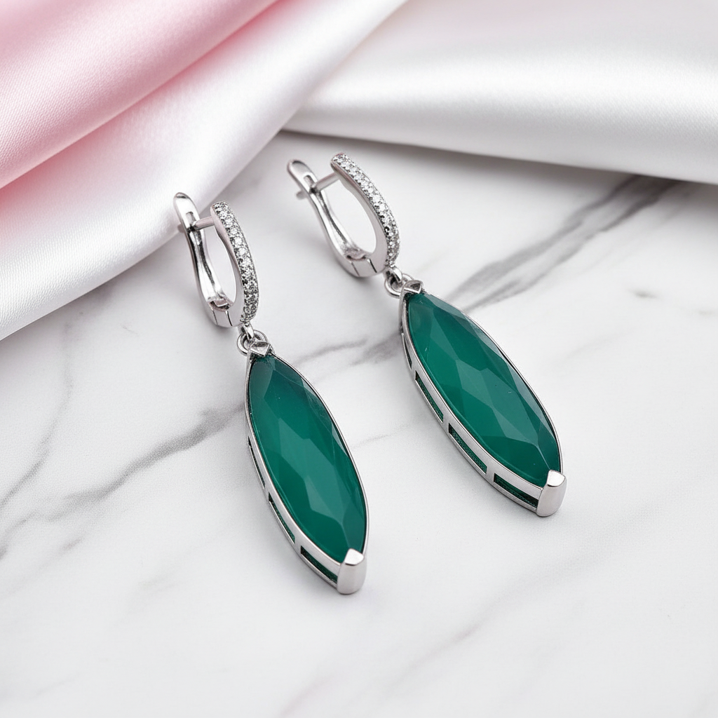 22.90Ct Marquise Natural Green Agate Gemstone Drop Earrings-Black Diamonds New York