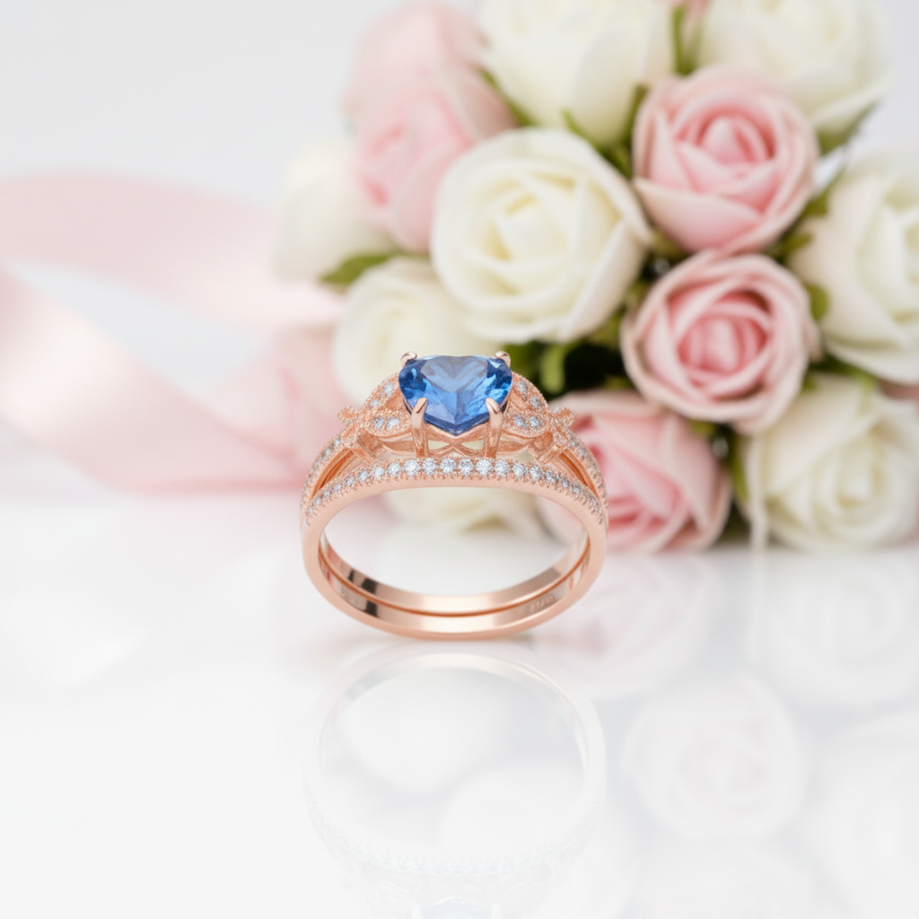 2.2ct Rose Gold Blue Heart Diamond Option Ring Set-Black Diamonds New York