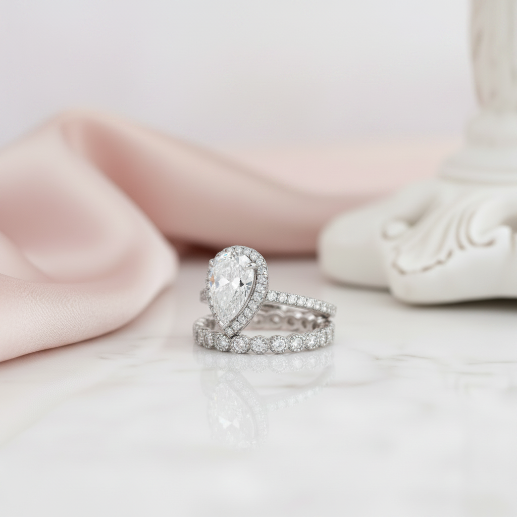 A pear-cut diamond engagement ring and matching pavé band ring in silver-toned metal, displayed on a white marble surface with soft pink satin and a white decorative object in the background.