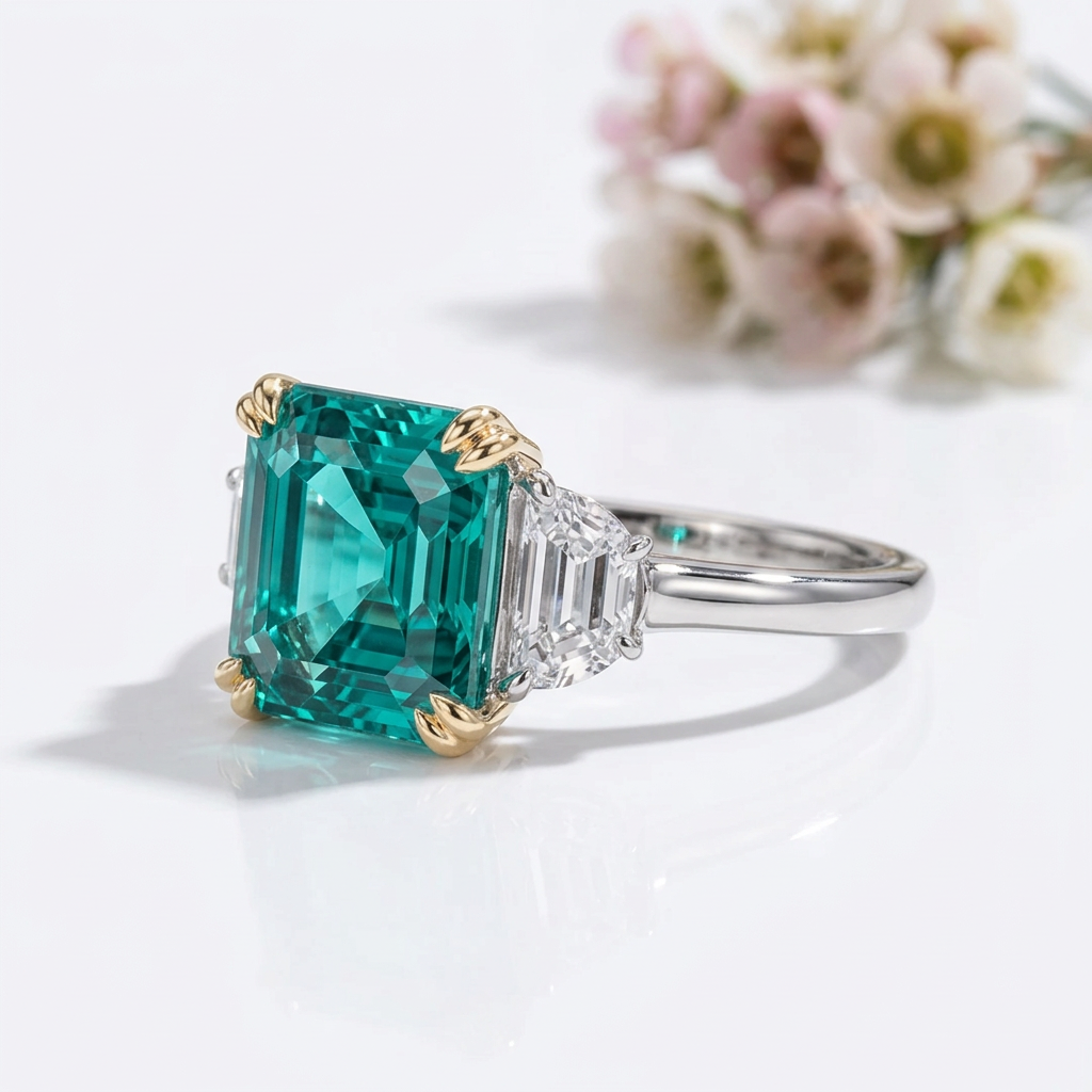 4.5ct Simulated Paraiba Tourmaline Asscher Cut Three Stone Engagement Ring-Black Diamonds New York