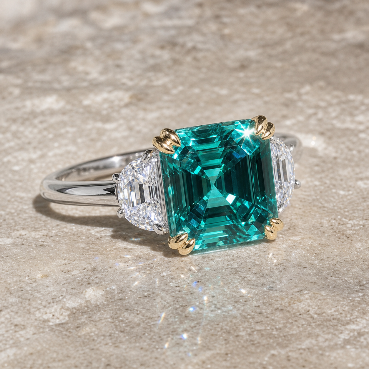 4.5ct Simulated Paraiba Tourmaline Asscher Cut Three Stone Engagement Ring-Black Diamonds New York
