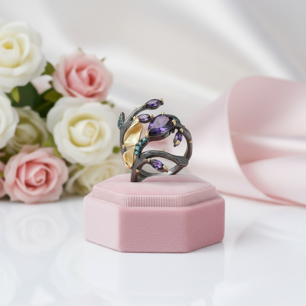 2.37Ct Amethyst Handmade Butterfly on Branch Rings-Black Diamonds New York