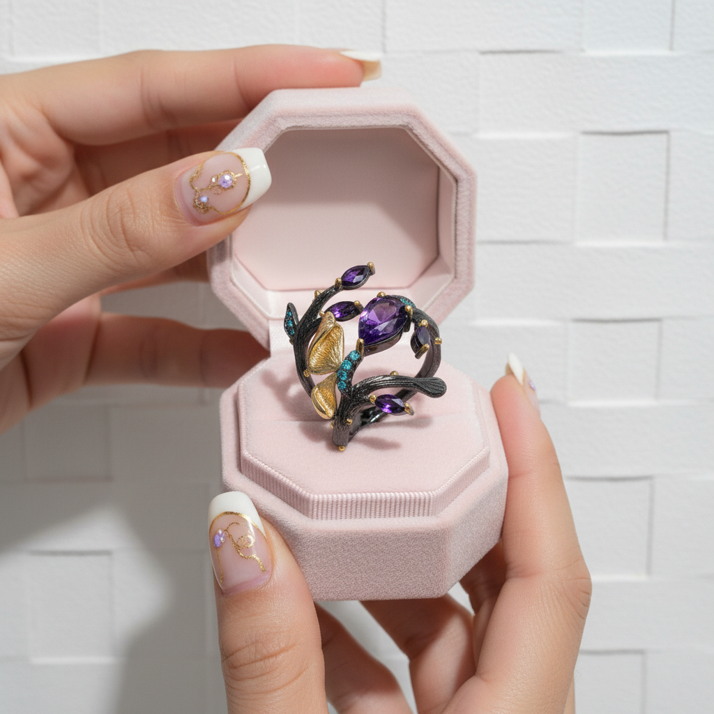 2.37Ct Amethyst Handmade Butterfly on Branch Rings-Black Diamonds New York