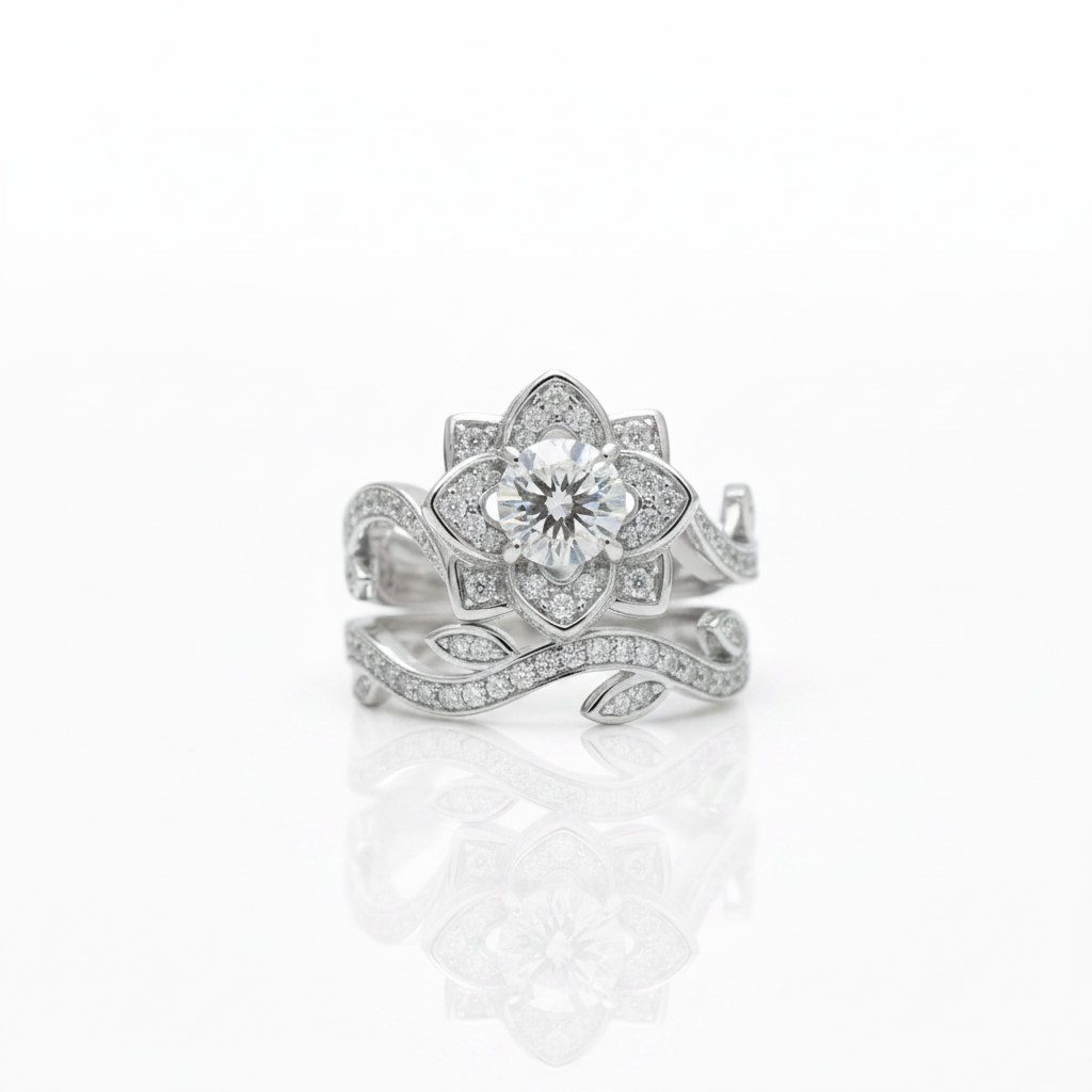 A silver-toned flower ring with a central round clear gemstone and surrounding pavé-set stones, shown on a clean white background with a soft reflection below.