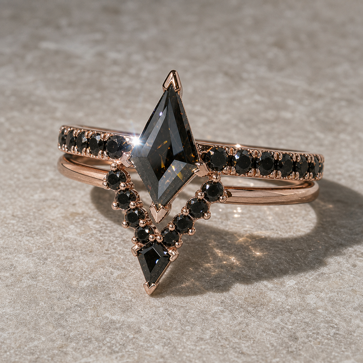 Power- Colorless Kite-Shaped Diamond Option 14k White Gold Unique Ring-Black Diamonds New York