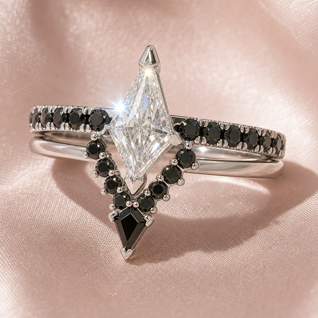 Power- Colorless Kite-Shaped Diamond Option 14k White Gold Unique Ring-Black Diamonds New York
