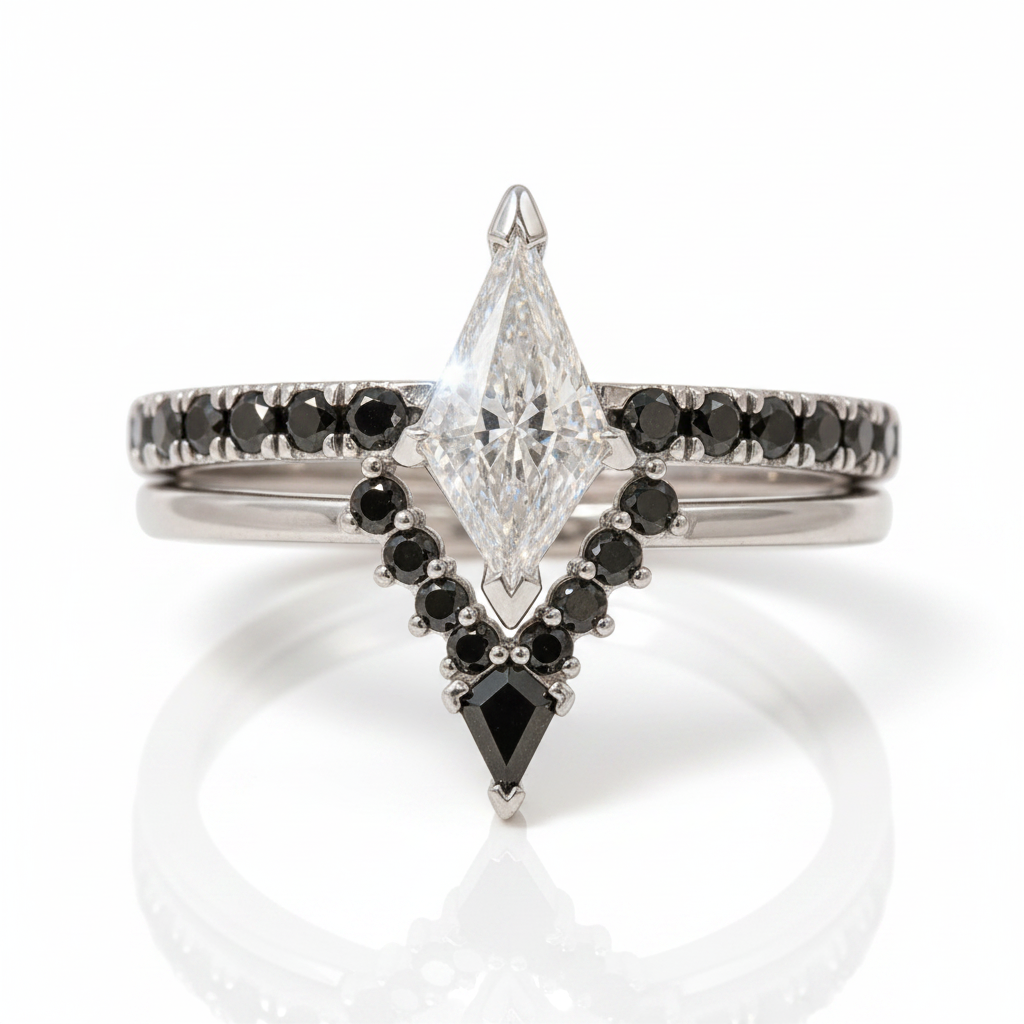 Power- Colorless Kite-Shaped Diamond Option 14k White Gold Unique Ring-Black Diamonds New York