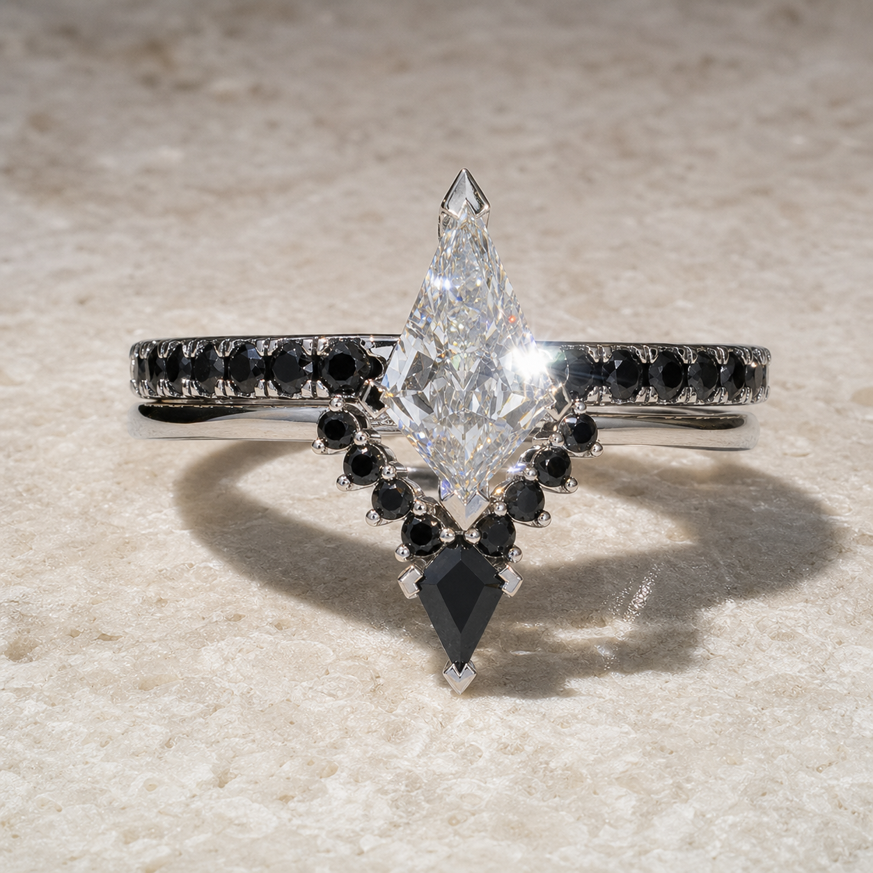 Power- Colorless Kite-Shaped Diamond Option 14k White Gold Unique Ring-Black Diamonds New York