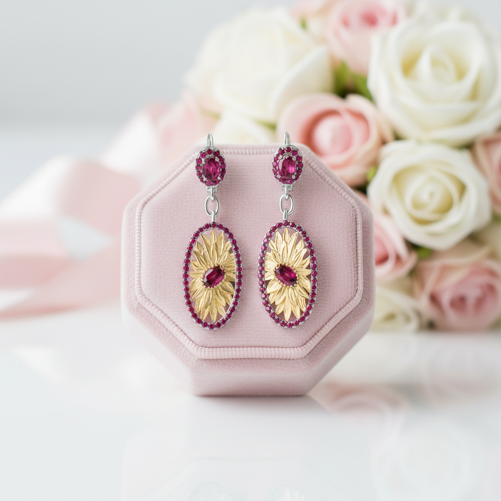 2.40Ct Rhodolite Garnet Sunflower Drop Earrings-Black Diamonds New York