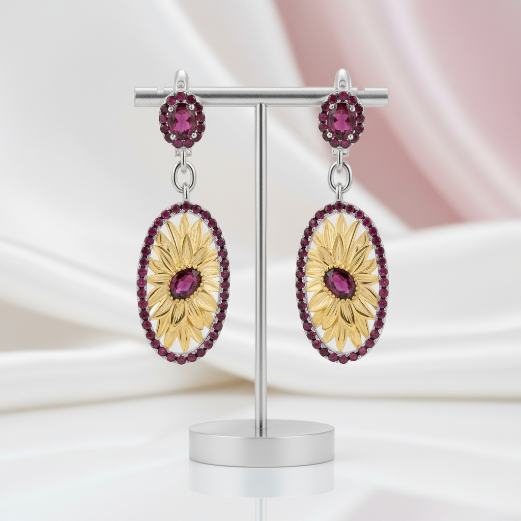 2.40Ct Rhodolite Garnet Sunflower Drop Earrings-Black Diamonds New York