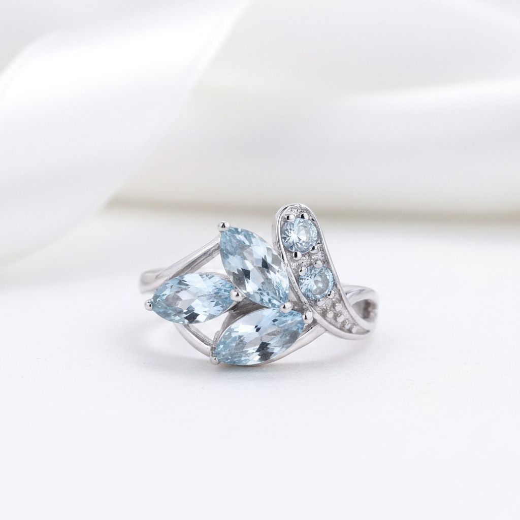 2.4Ct Sky Blue Topaz Leaves Gemstone Ring-Black Diamonds New York
