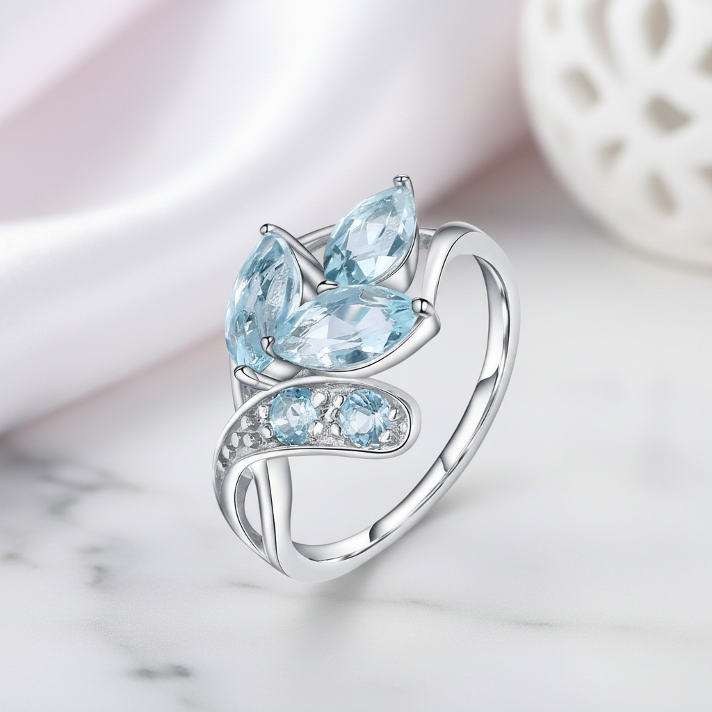2.4Ct Sky Blue Topaz Leaves Gemstone Ring-Black Diamonds New York