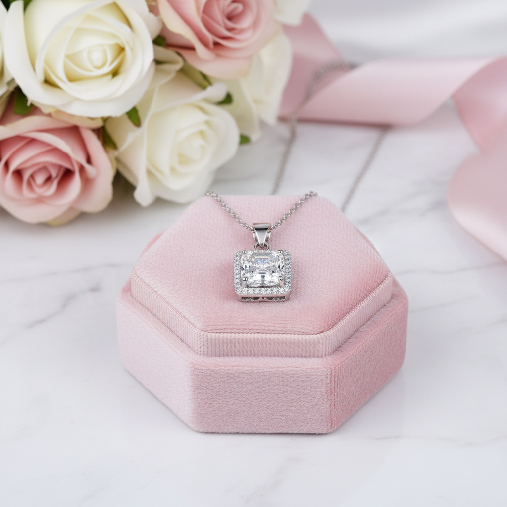 2.5 Ct Asscher Cut Diamond Option Halo Necklace-Black Diamonds New York