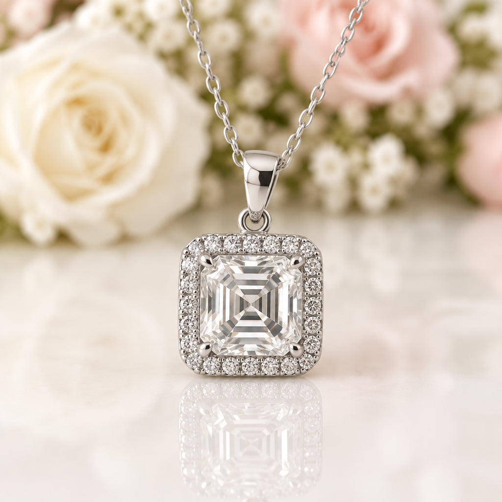 2.5 Ct Asscher Cut Diamond Option Halo Necklace-Black Diamonds New York