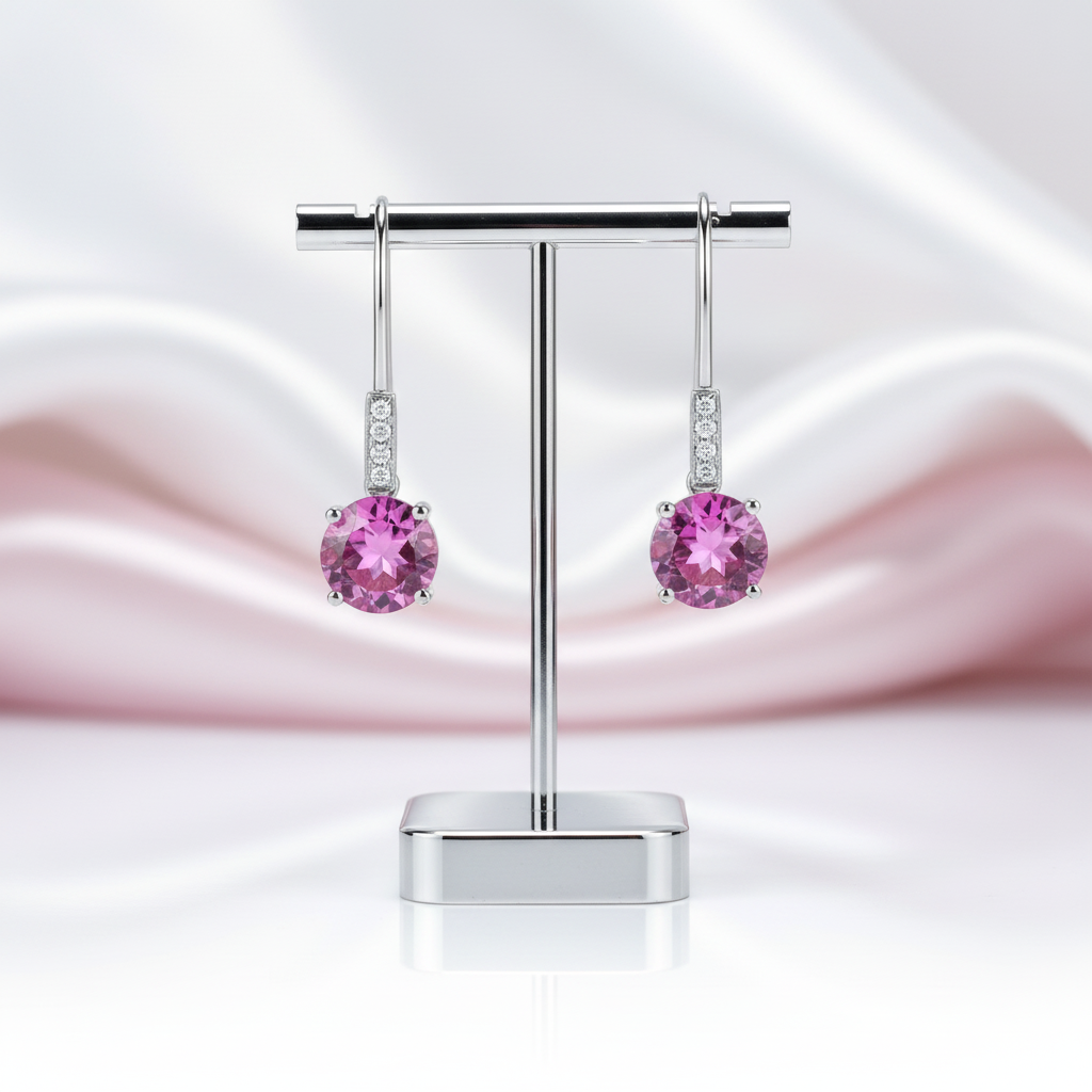2.5ct Pink Topaz 14k White Gold Dangle Earrings-Black Diamonds New York
