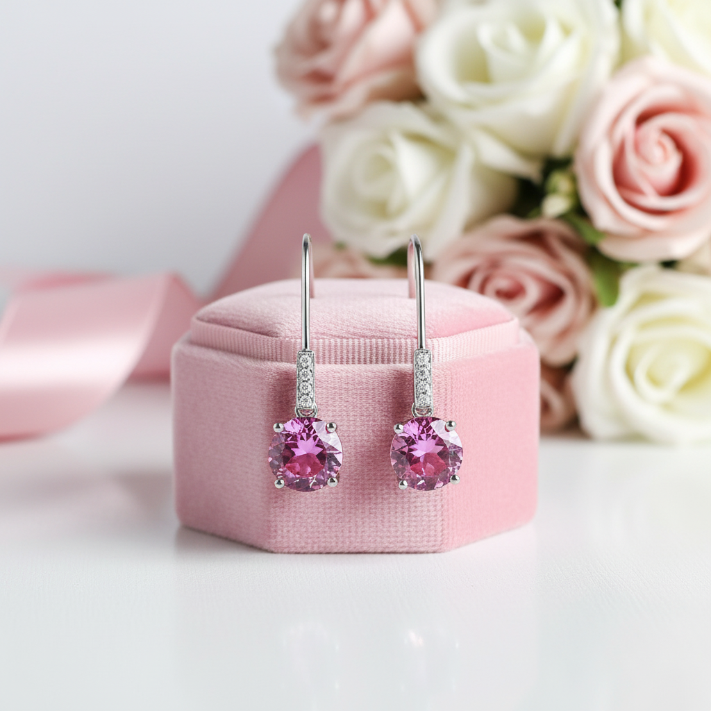 2.5ct Pink Topaz 14k White Gold Dangle Earrings-Black Diamonds New York