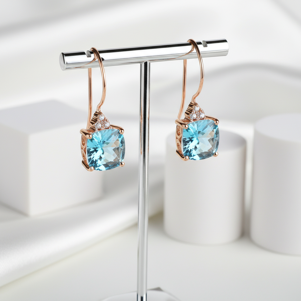 14k Rose Gold Cushion Swiss Blue Topaz with 0.07ct Natural Diamonds Earrings-Black Diamonds New York