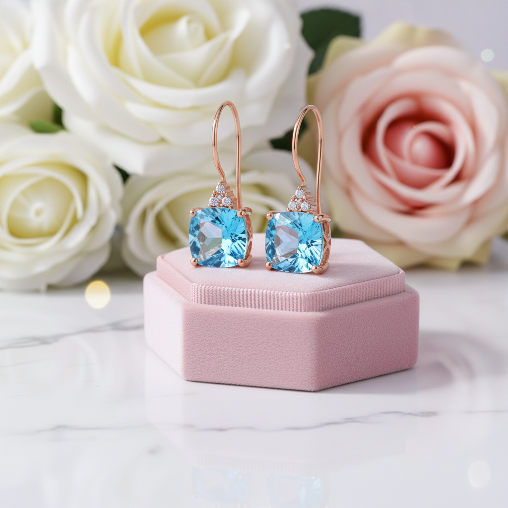 14k Rose Gold Cushion Swiss Blue Topaz with 0.07ct Natural Diamonds Earrings-Black Diamonds New York