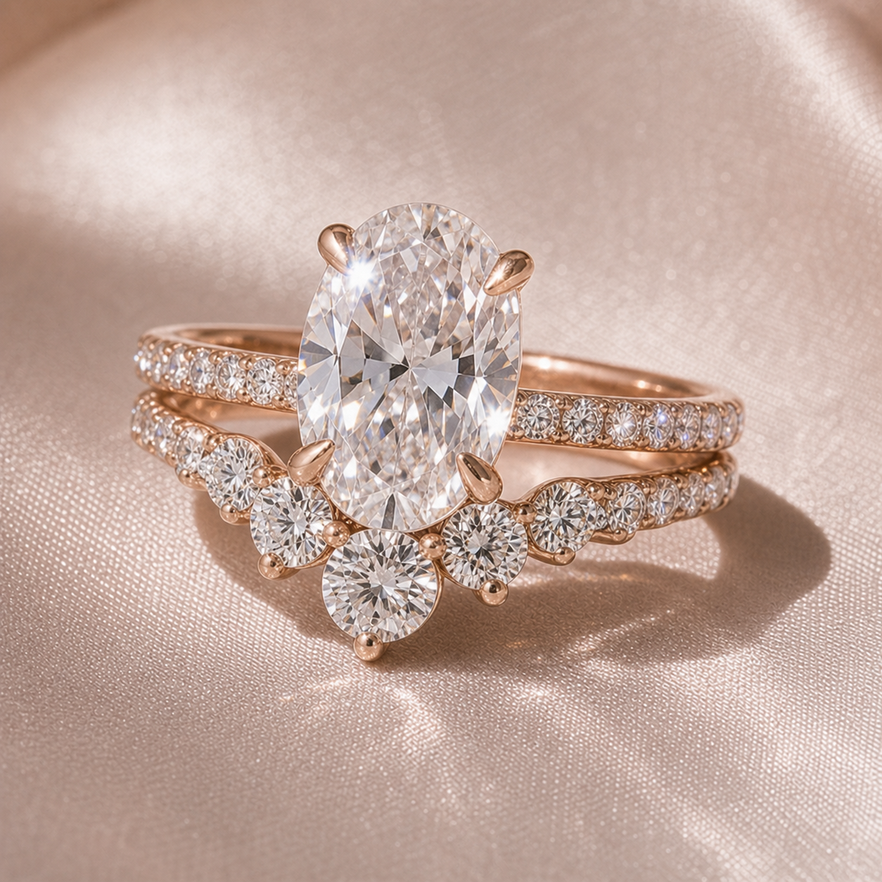 Rose Gold Oval Cut White Stone Wedding Set-Black Diamonds New York