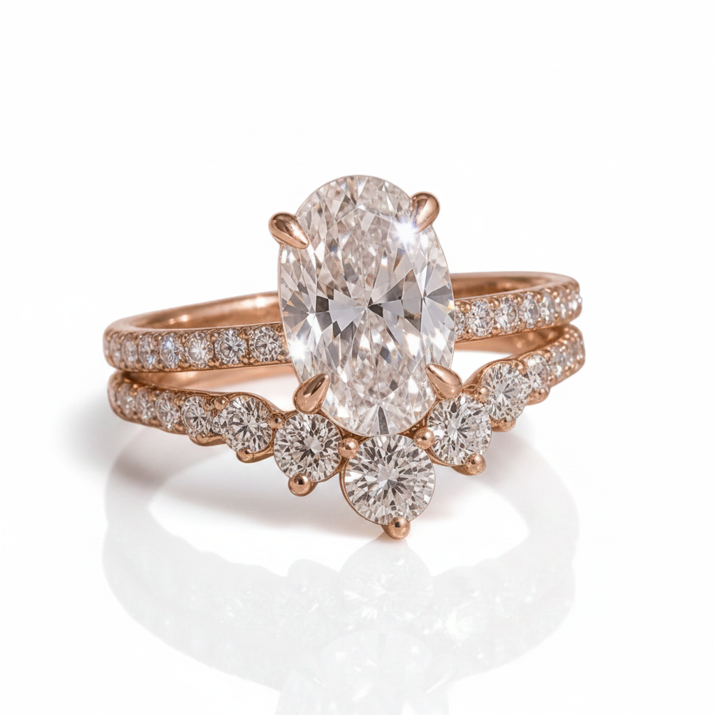 Rose Gold Oval Cut White Stone Wedding Set-Black Diamonds New York