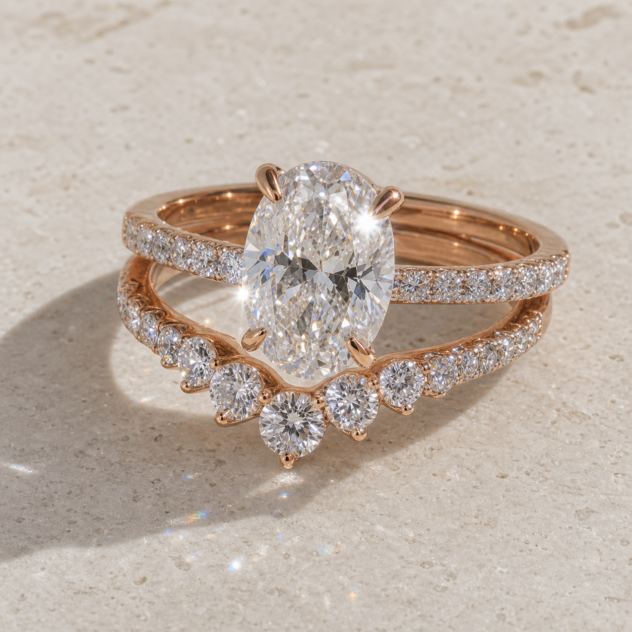Rose Gold Oval Cut White Stone Wedding Set-Black Diamonds New York