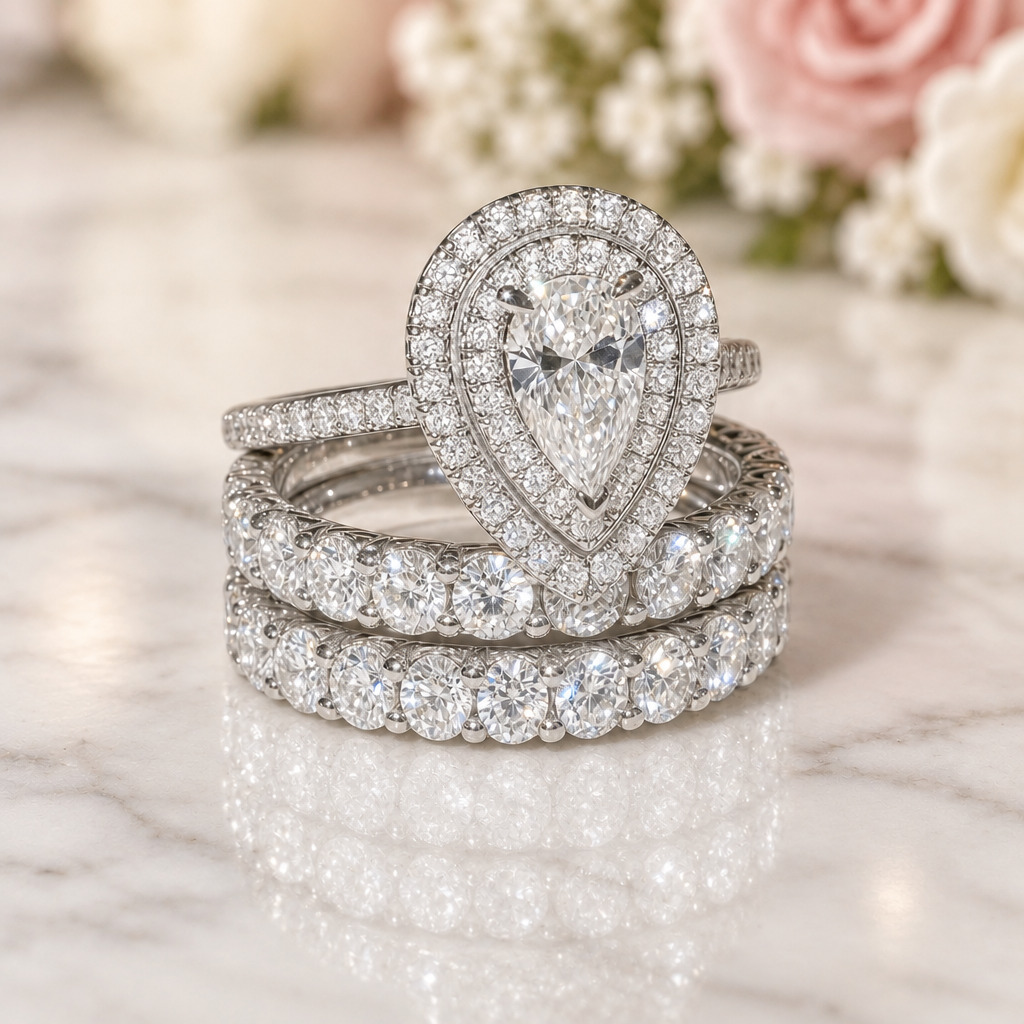 Eternity Double Halo Pear Cut 3-Pieces Wedding Set-Black Diamonds New York