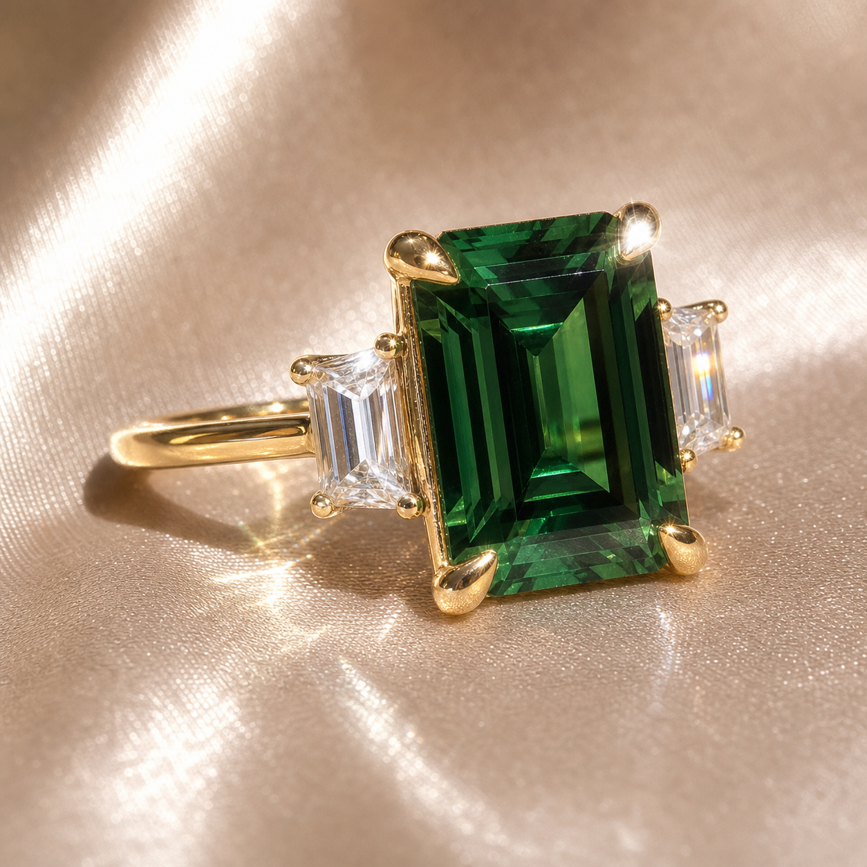 Three-Stone Emerald Green Engagement Ring-Black Diamonds New York