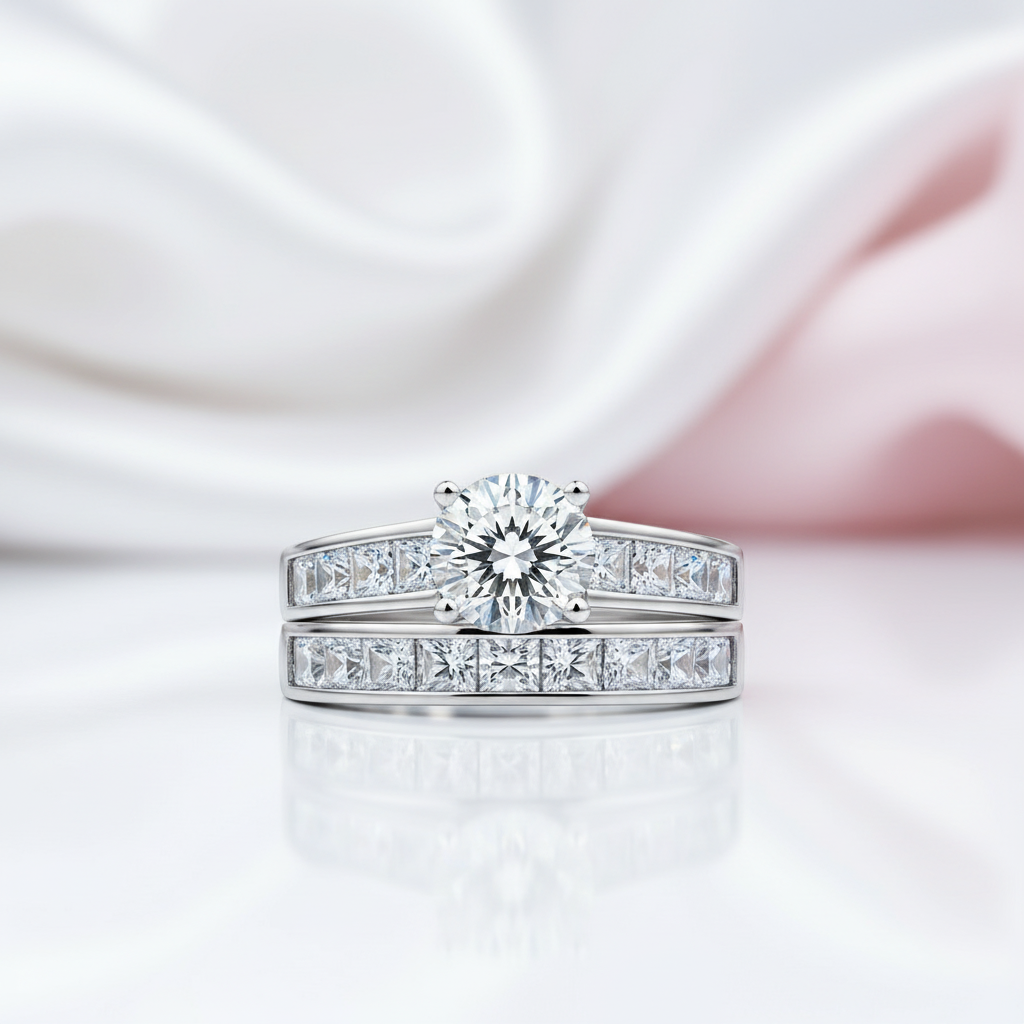 2Pcs Classic Round Cut Diamond Option Wedding Ring Set-Black Diamonds New York