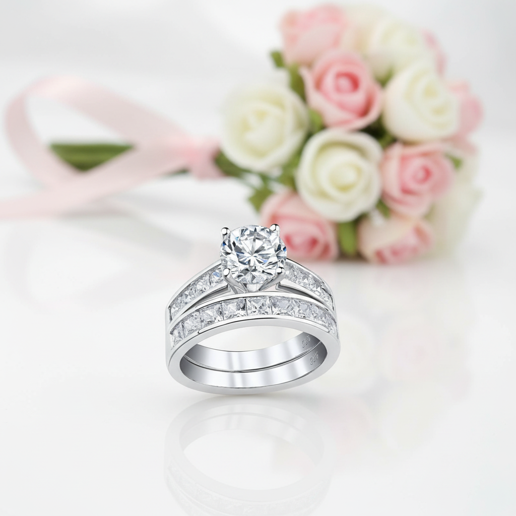 2Pcs Classic Round Cut Diamond Wedding Ring Set-Black Diamonds New York