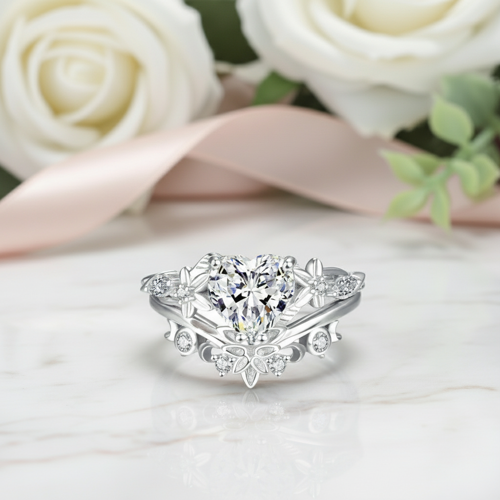 Heart Shaped Moss Agate Engagement Ring Set-Black Diamonds New York