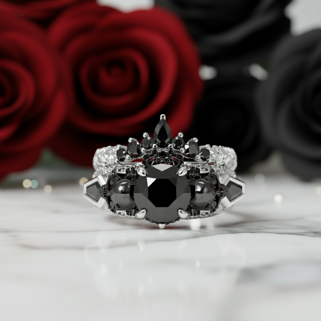 Eternal Flame- Round Cut Diamond Coffin Wedding Ring Set-Black Diamonds New York