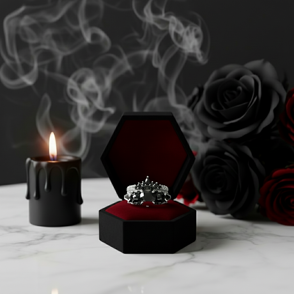 Eternal Flame- Round Cut Diamond Coffin Wedding Ring Set-Black Diamonds New York