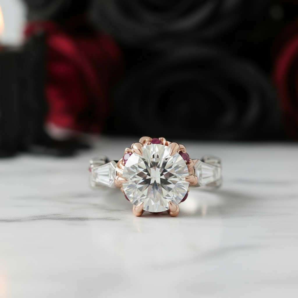 Through Eternity Ring- 3 ct Round Cut Diamond with Spider Legs Gothic Wedding Ring-Black Diamonds New York