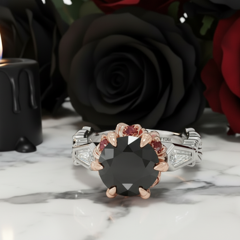 Through Eternity Ring- 3 ct Round Cut Diamond with Spider Legs Gothic Wedding Ring-Black Diamonds New York