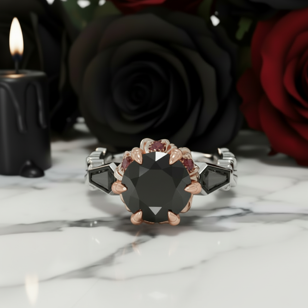 Through Eternity Ring- 3 ct Round Cut Diamond with Spider Legs Gothic Wedding Ring-Black Diamonds New York