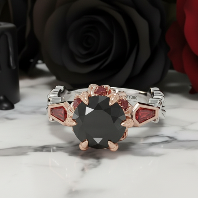 Through Eternity Ring- 3 ct Round Cut Diamond with Spider Legs Gothic Wedding Ring-Black Diamonds New York