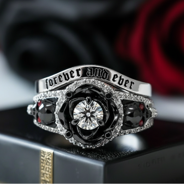 Forever And Ever Wedding Rings- 14k Rose Gold with Skulls-Black Diamonds New York