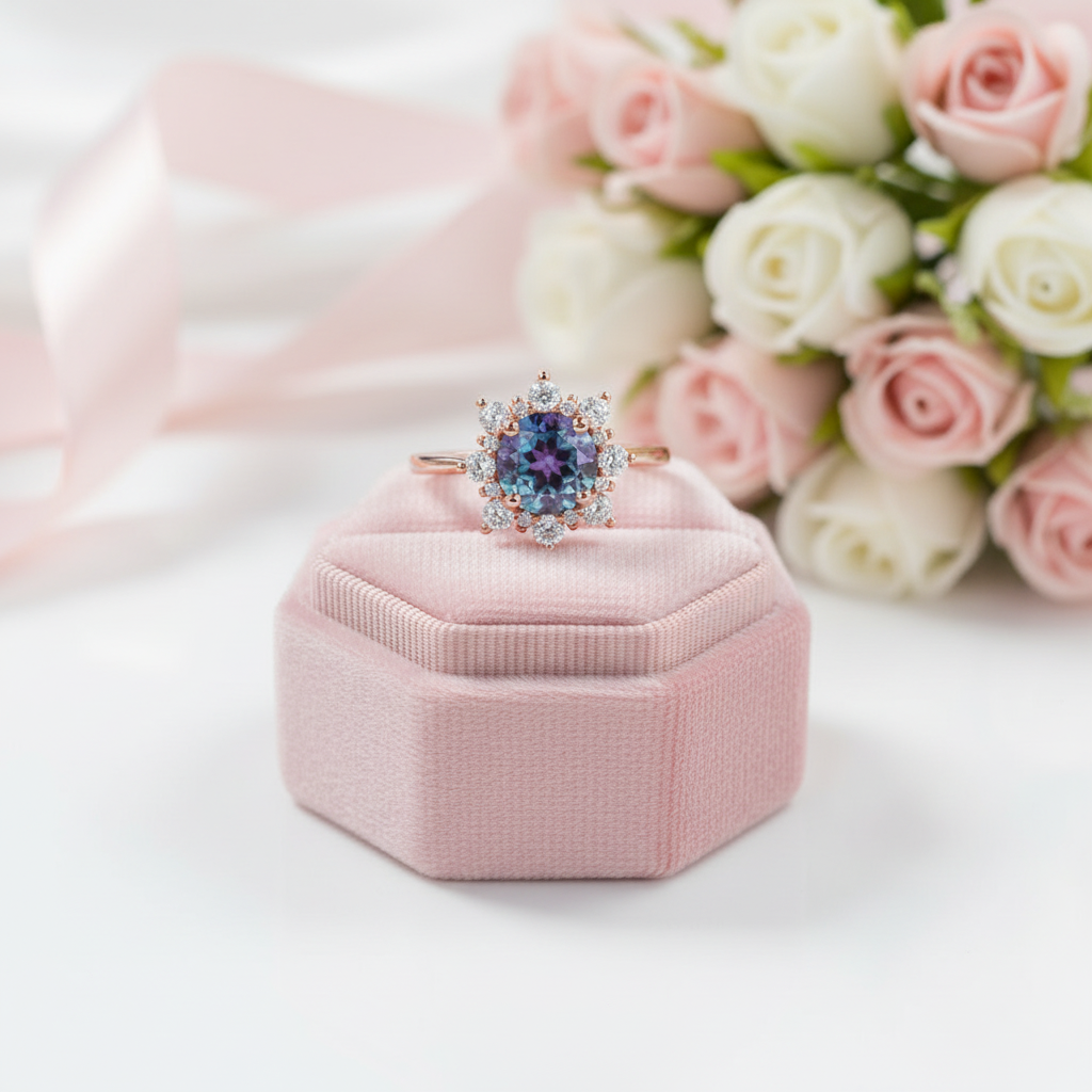 2ct Alexandrite Gemstone Flower Engagement Ring-Black Diamonds New York