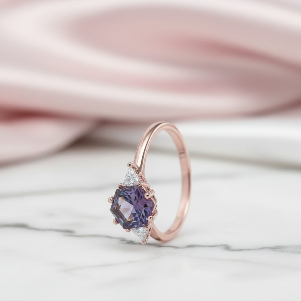 2ct Hexagon Lab Grown Alexandrite Gemstone Ring-Black Diamonds New York