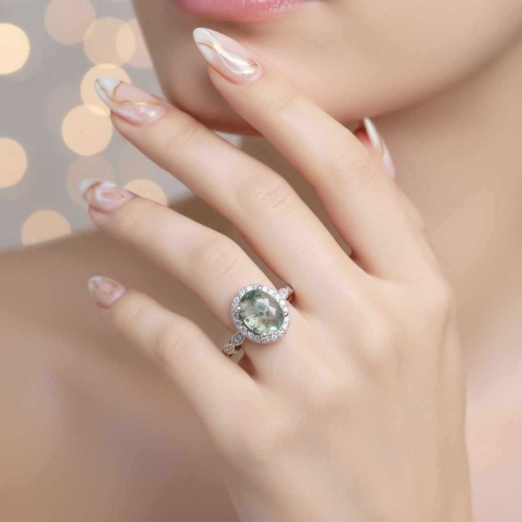 2ct Oval Cut Natural Moss Agate Engagement Ring-Black Diamonds New York