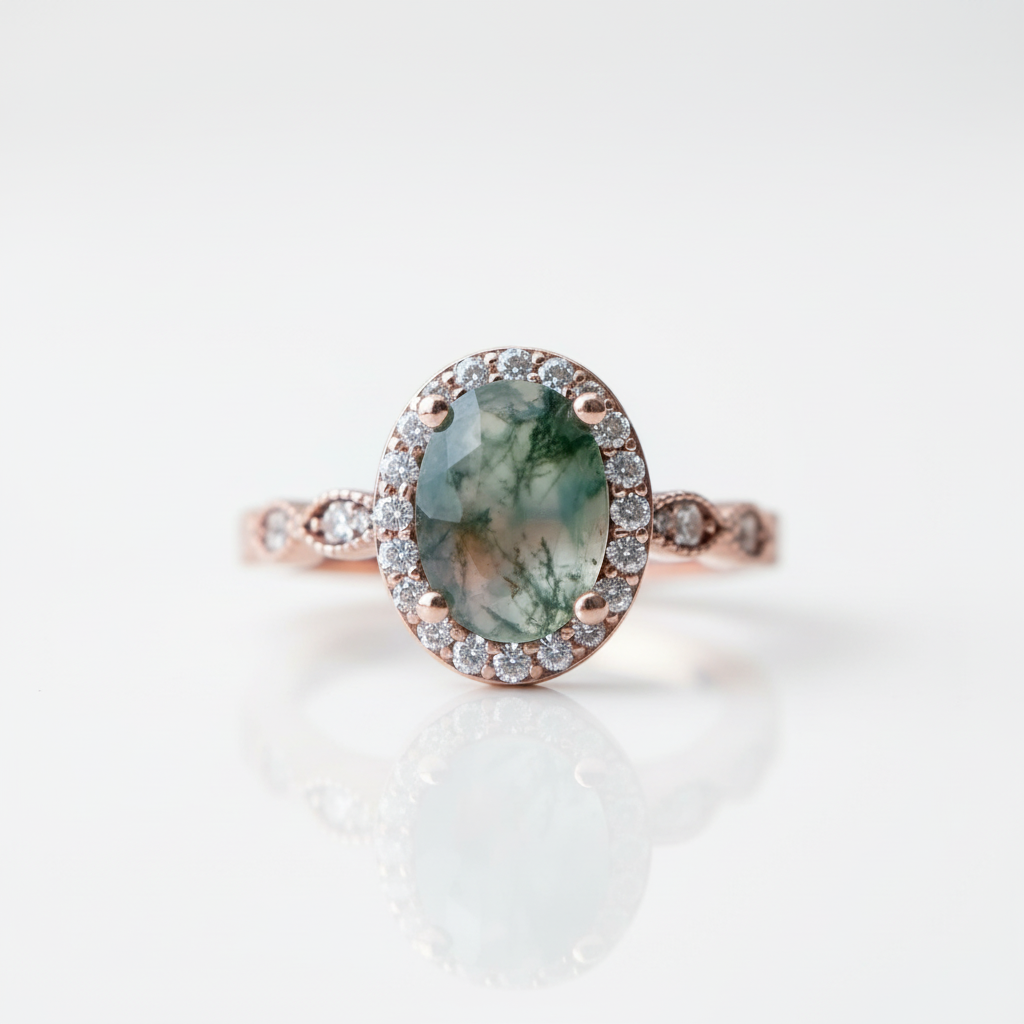 2ct Oval Cut Natural Moss Agate Engagement Ring-Black Diamonds New York