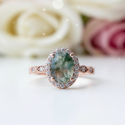 2ct Oval Cut Natural Moss Agate Engagement Ring-Black Diamonds New York