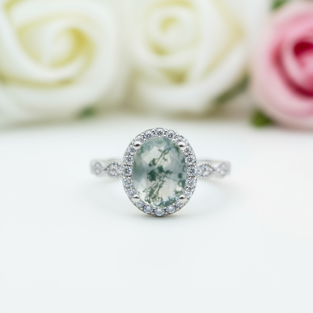 2ct Oval Cut Natural Moss Agate Engagement Ring-Black Diamonds New York