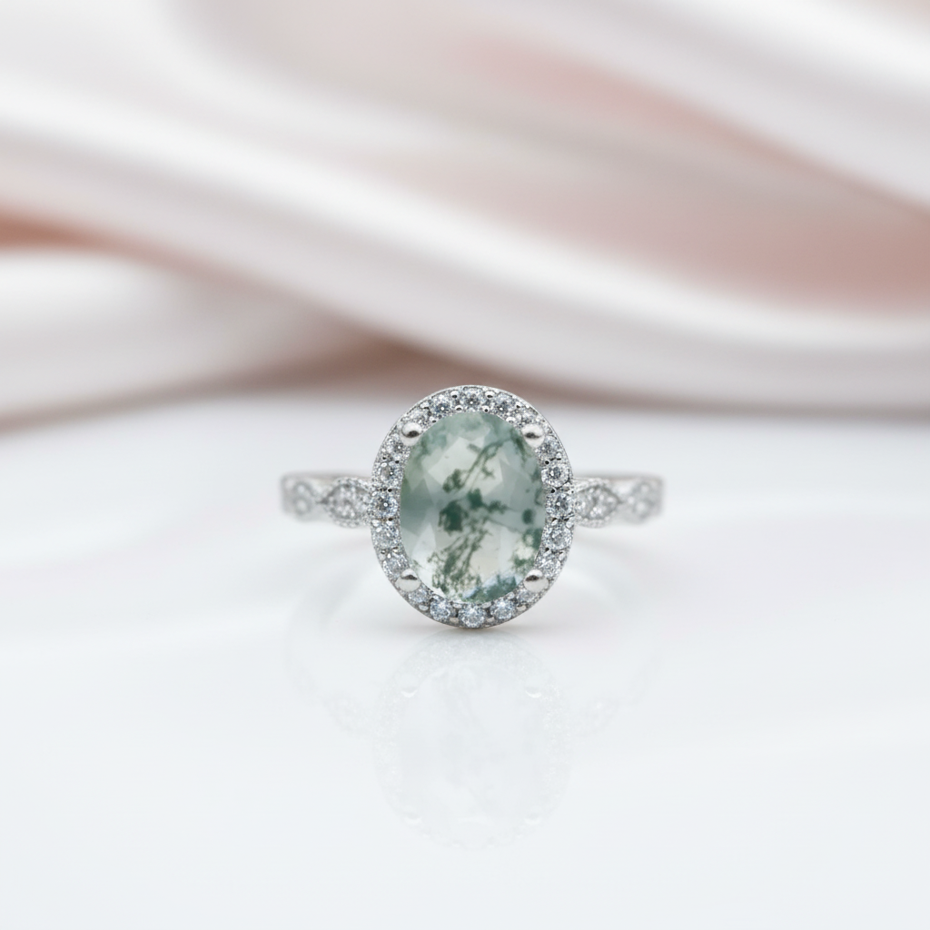 2ct Oval Cut Natural Moss Agate Engagement Ring-Black Diamonds New York